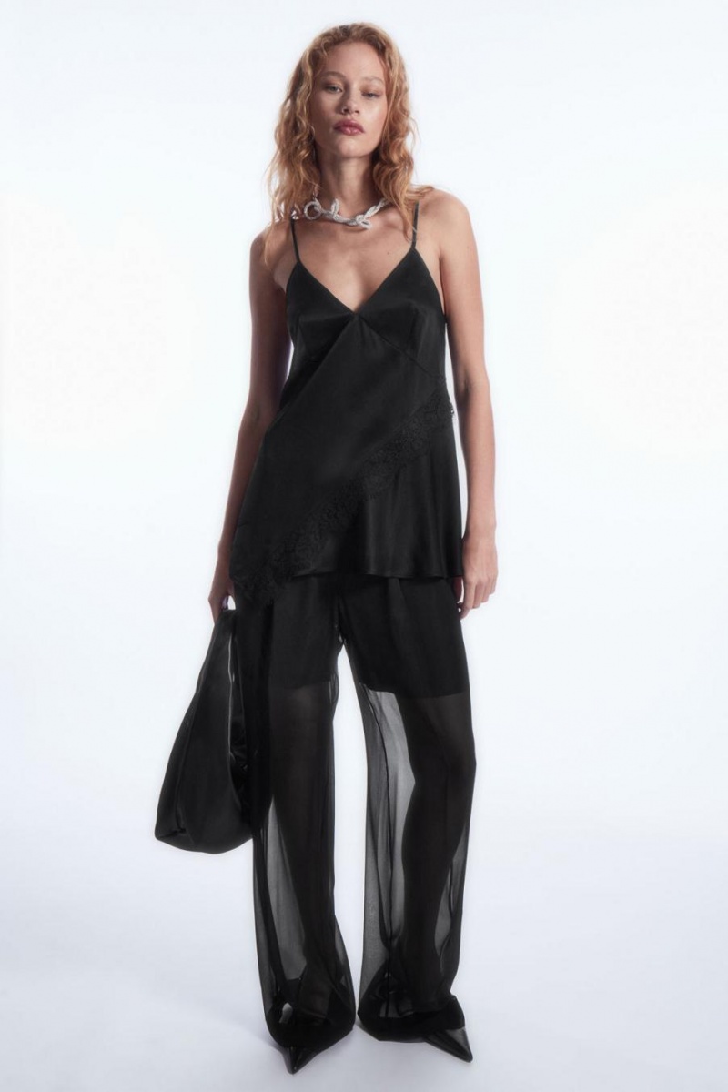 Top Dama COS Asymmetric Dantela-trimmed Satin Camisole Negrii | EANMU-3475