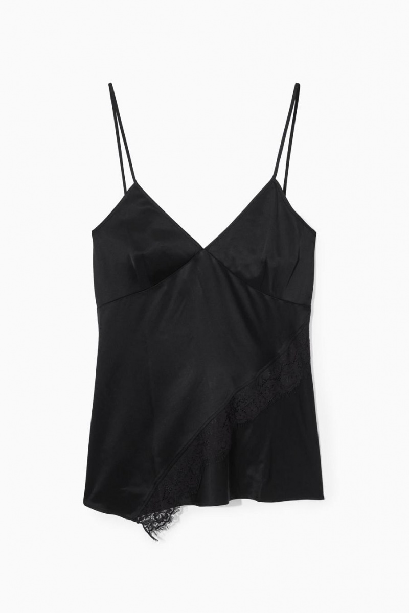 Top Dama COS Asymmetric Dantela-trimmed Satin Camisole Negrii | EANMU-3475