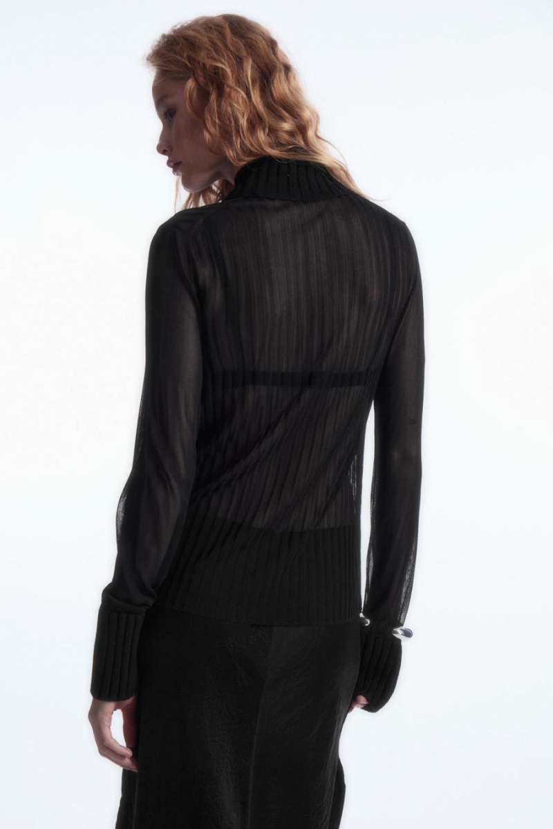 Top Dama COS Cu Nervuri Sheer Turtleneck Negrii | ECQON-8203