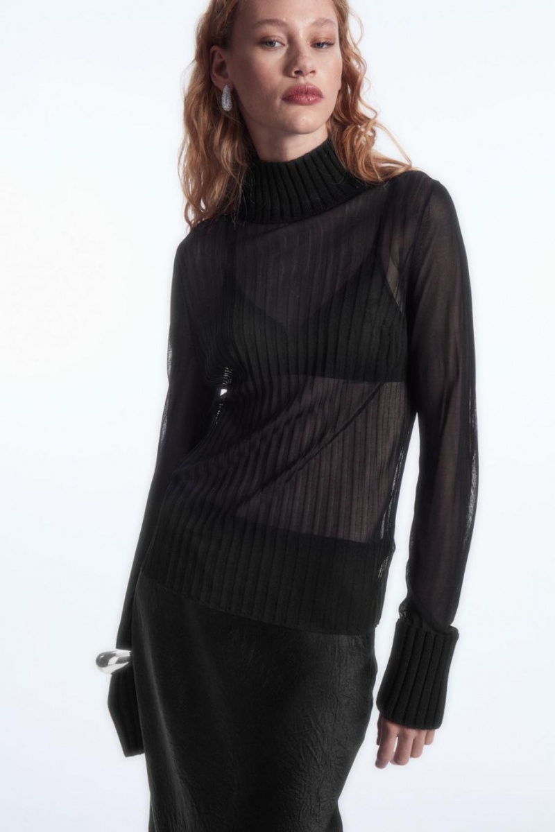 Top Dama COS Cu Nervuri Sheer Turtleneck Negrii | ECQON-8203