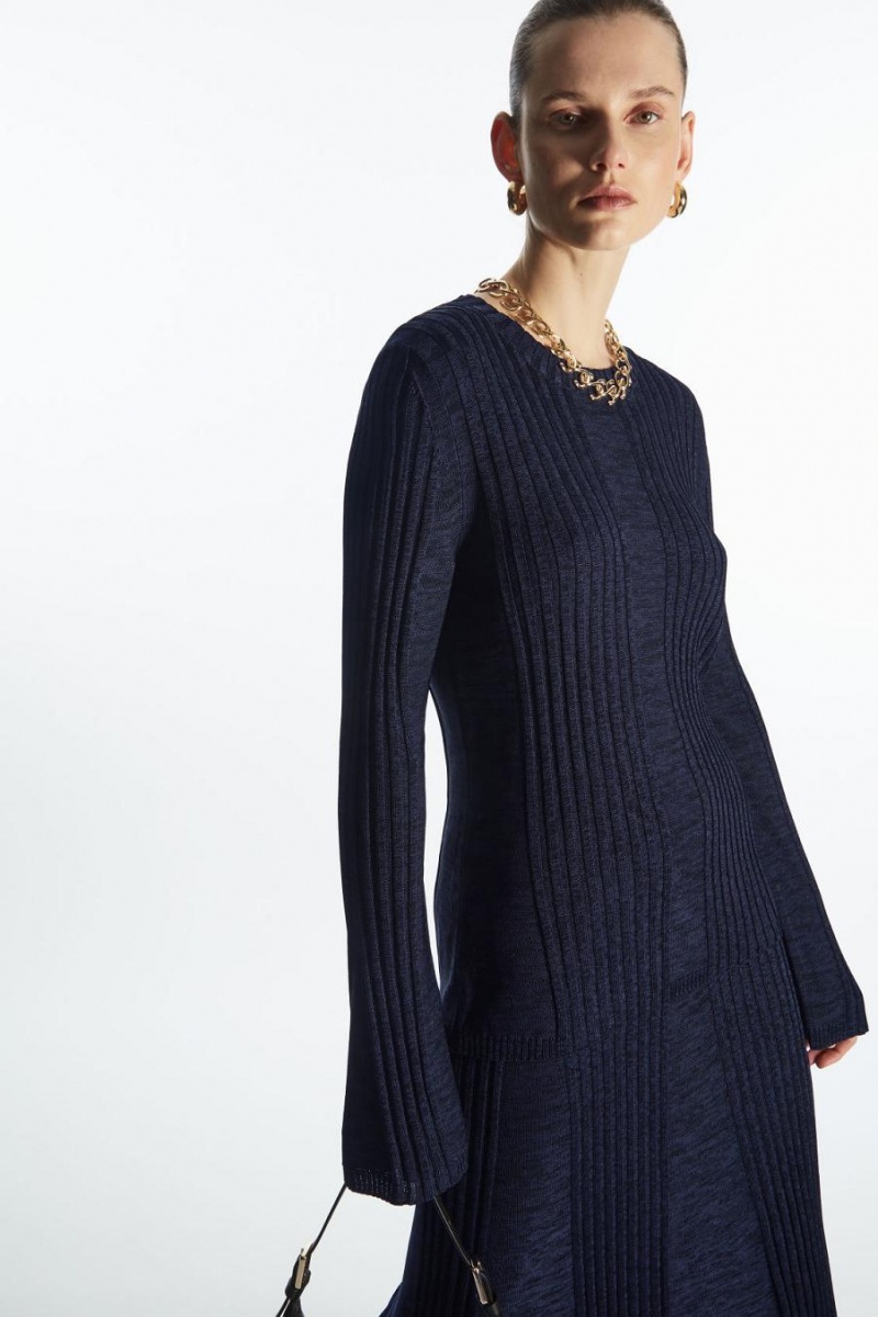 Top Dama COS Flared-sleeve Cu Nervuri-panel Bleumarin | DQBNE-3296
