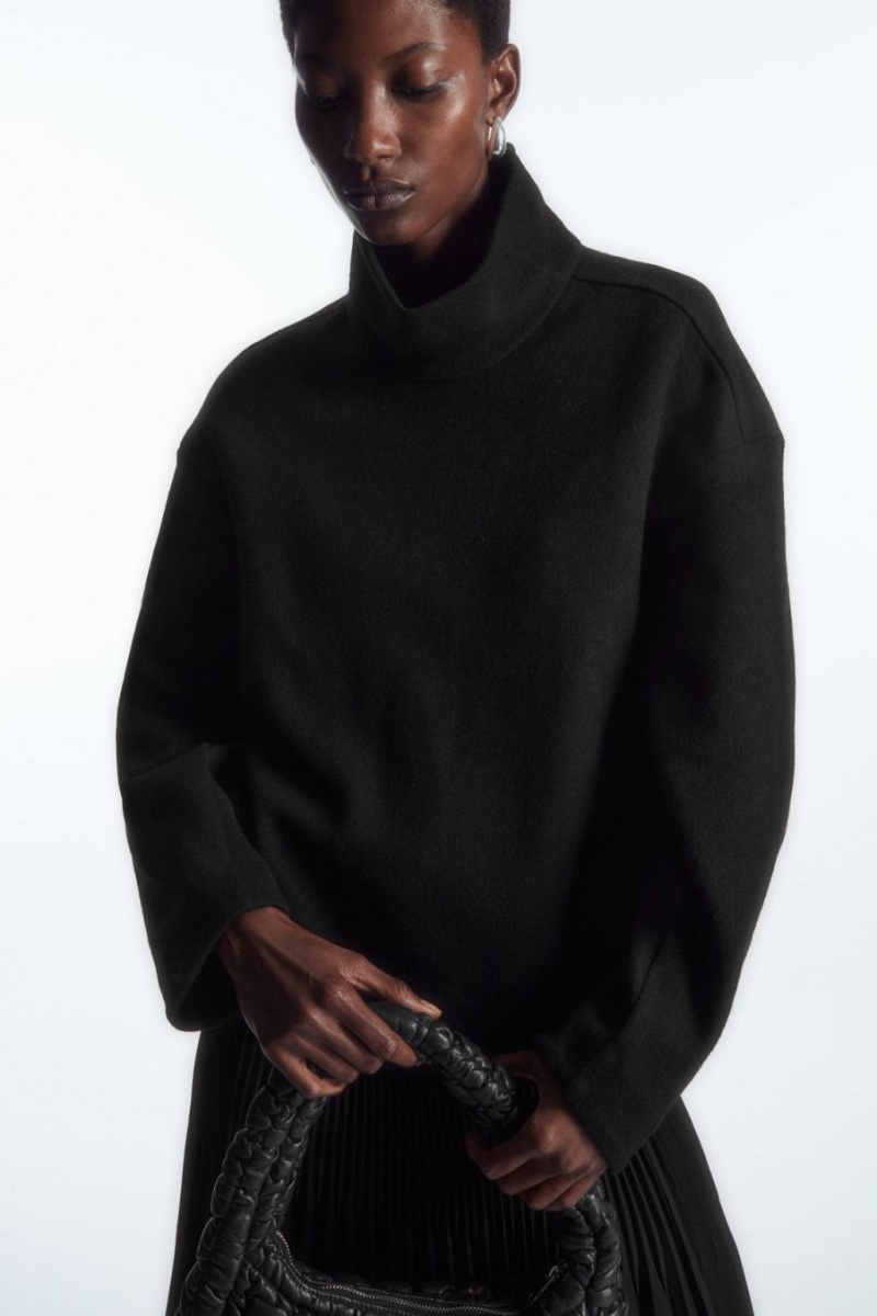 Top Dama COS Funnel-neck Boiled Lână Negrii | FCKRY-6381
