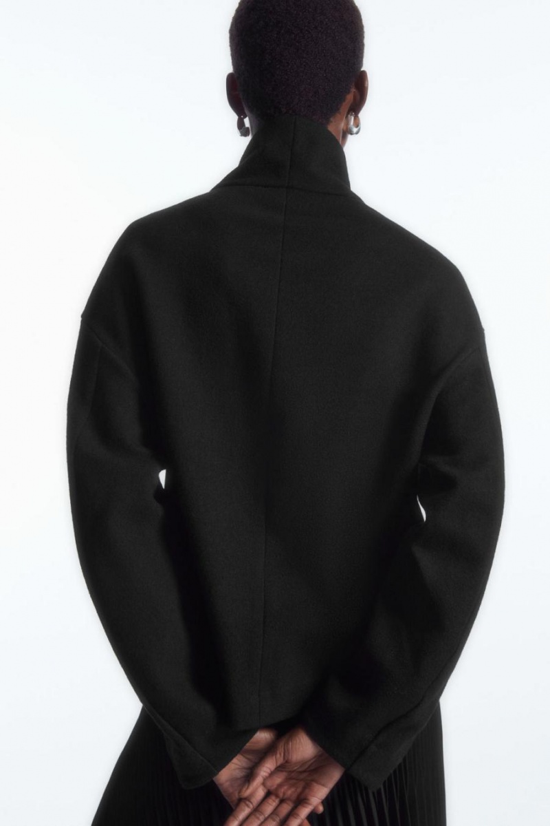 Top Dama COS Funnel-neck Boiled Lână Negrii | FCKRY-6381