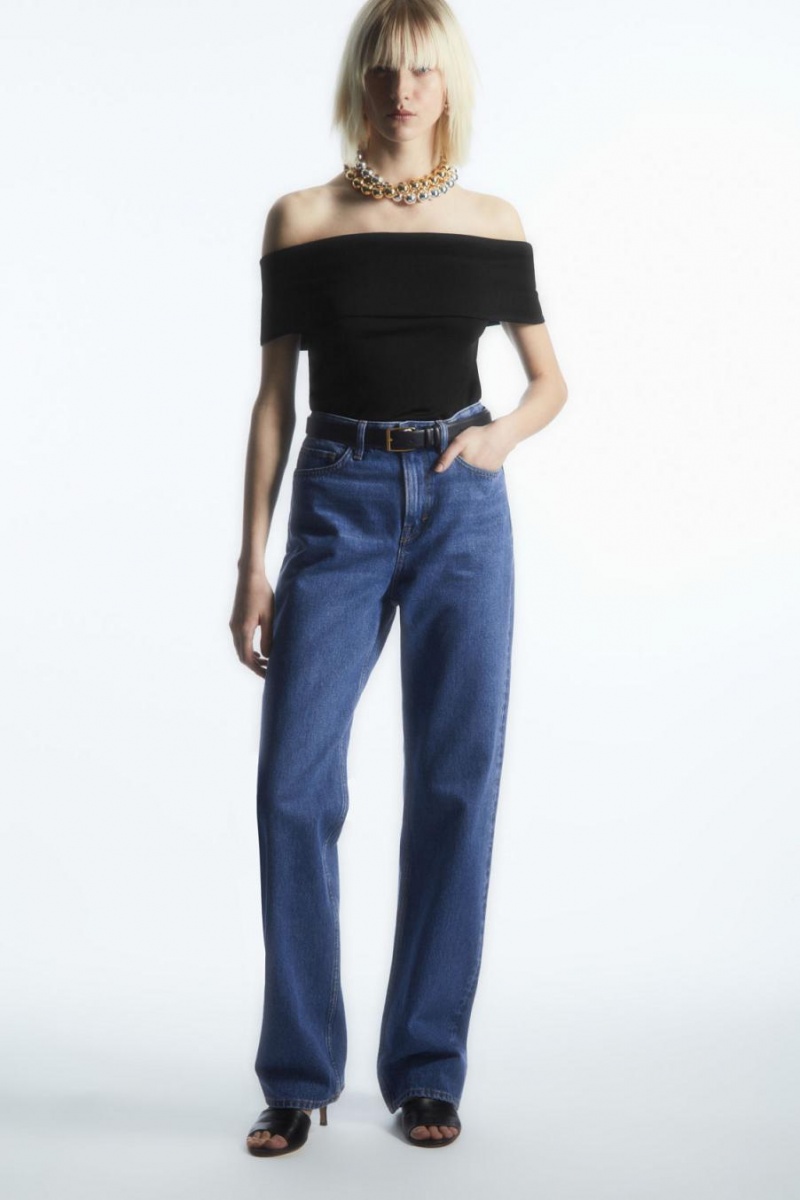Top Dama COS Off-the-shoulder Jersey Negrii | AFVPQ-4526