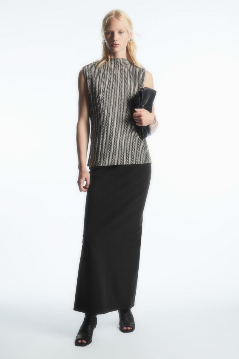 Top Dama COS Plissé Fara Maneci Negrii | GFZUX-9428
