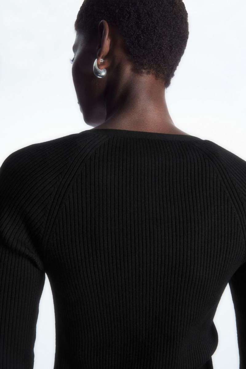 Top Dama COS V-neck Cu Nervuri Lână Henley Negrii | UGPST-4175