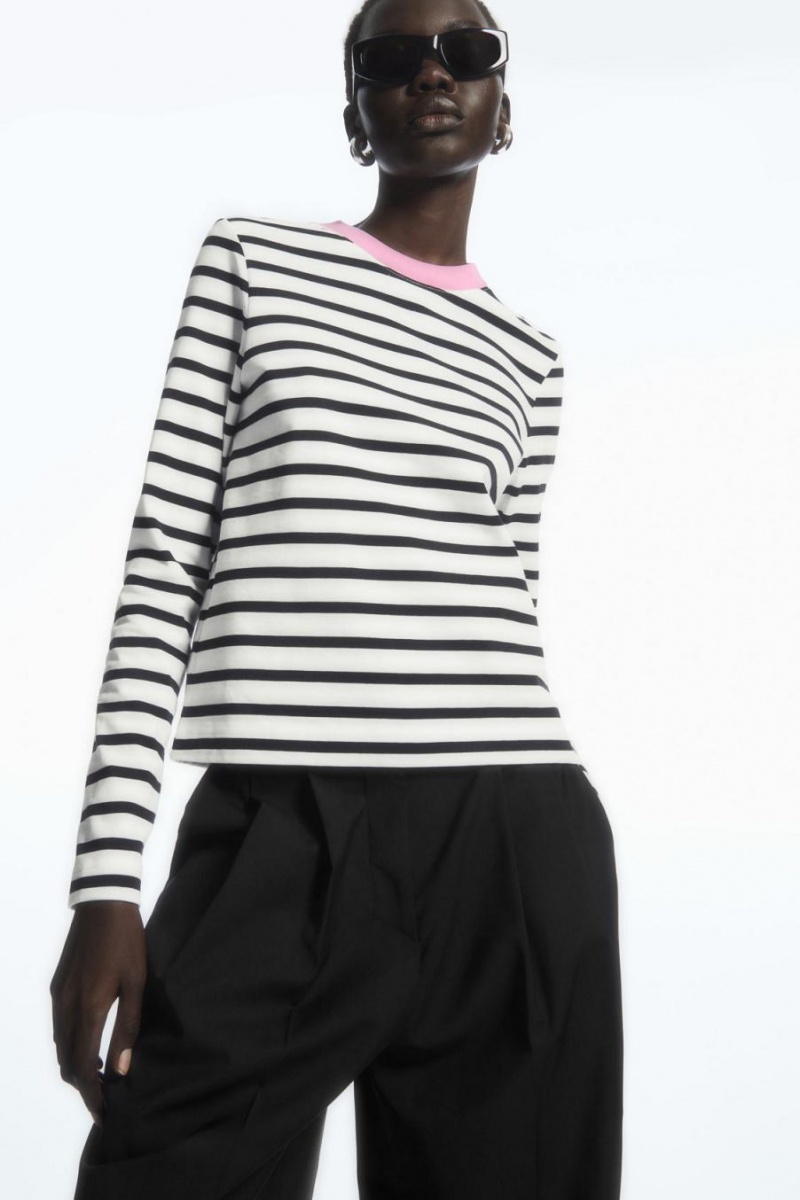 Tricou Dama COS Regular-fit Heavyweight Long-sleeved Negrii Albi | HJSUQ-4136