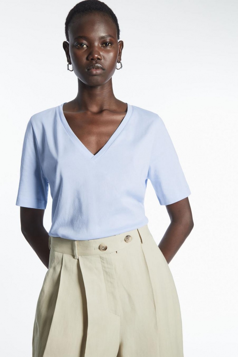 Tricou Dama COS V-neck Albastri Deschis | GDRPF-4827