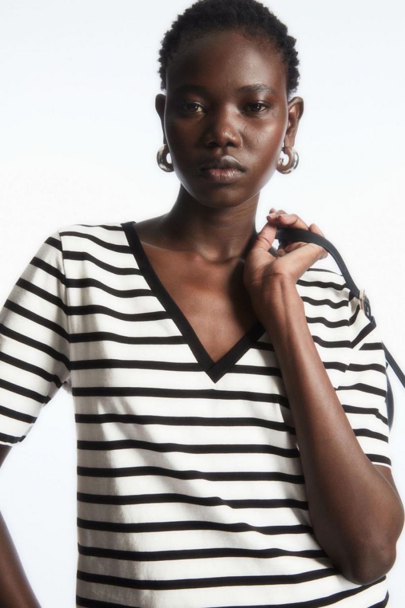 Tricou Dama COS V-neck Bleumarin Albi | CDMHW-3450