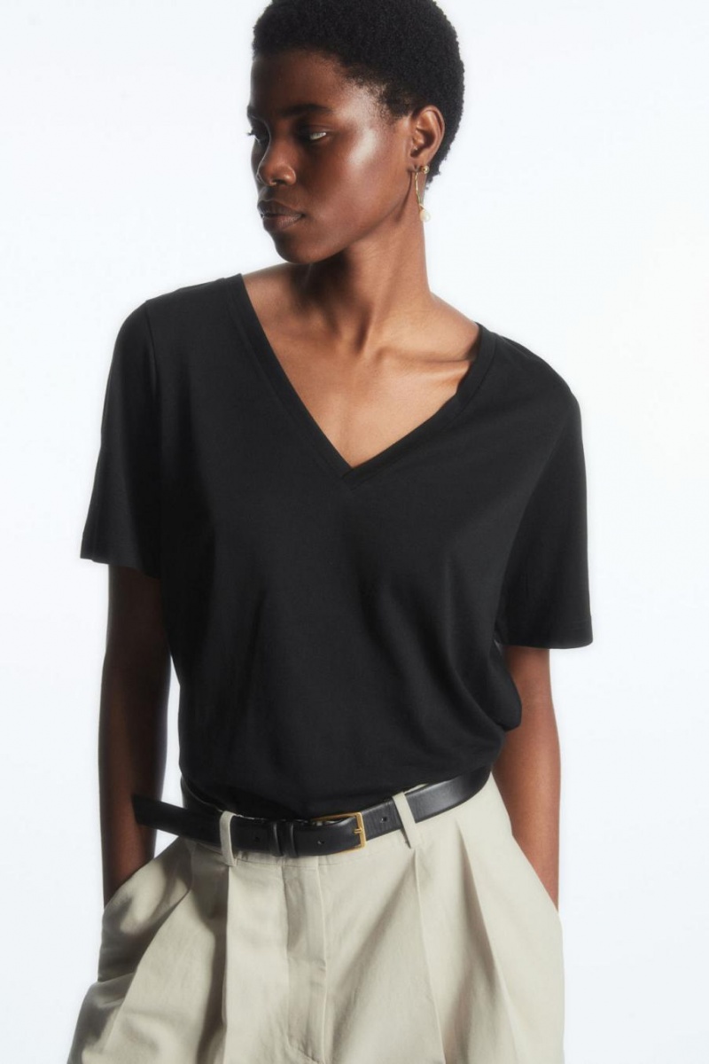 Tricou Dama COS V-neck Negrii | VZAET-5127
