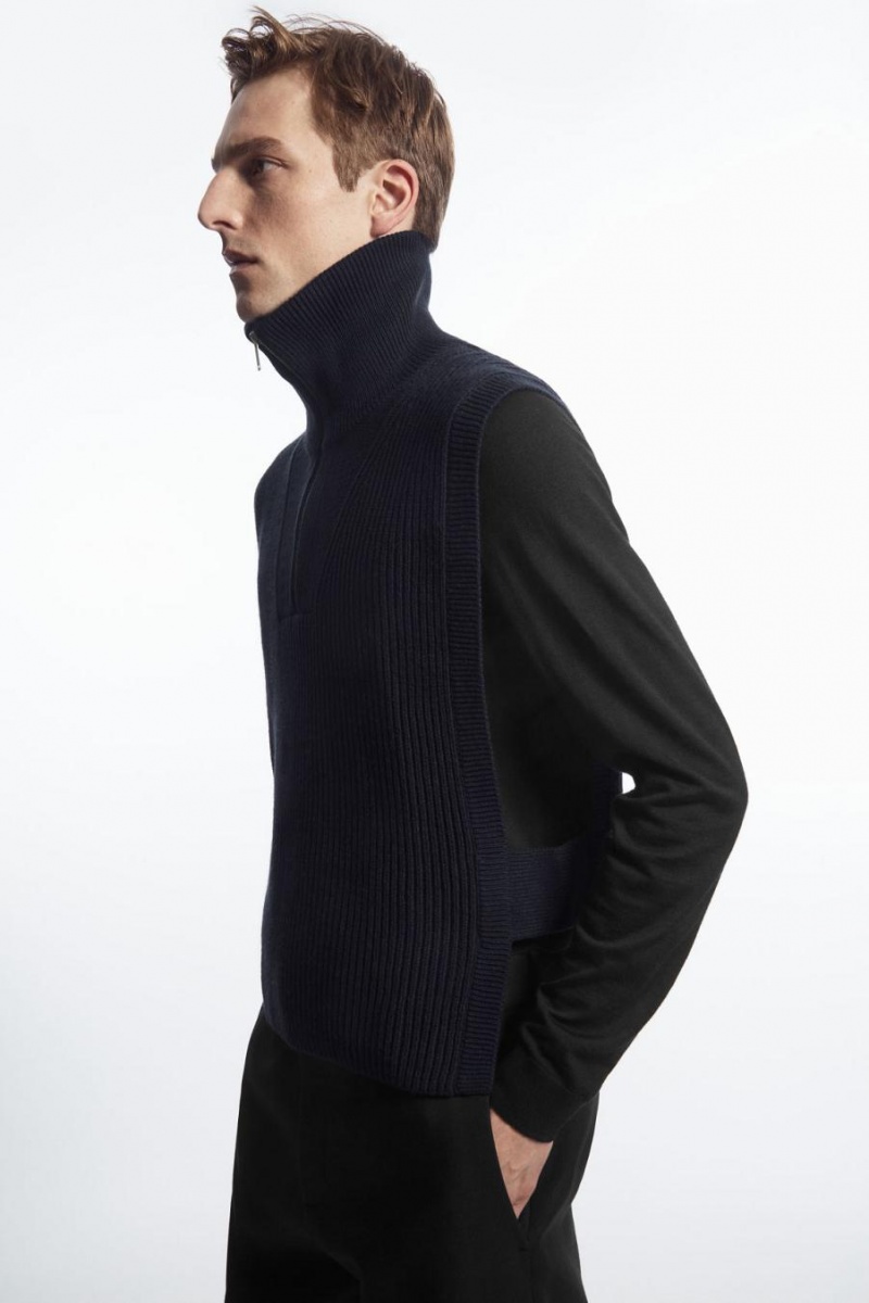 Vesta Barbati COS Cu Nervuri-knit Half-zip Bleumarin | SKWED-0519