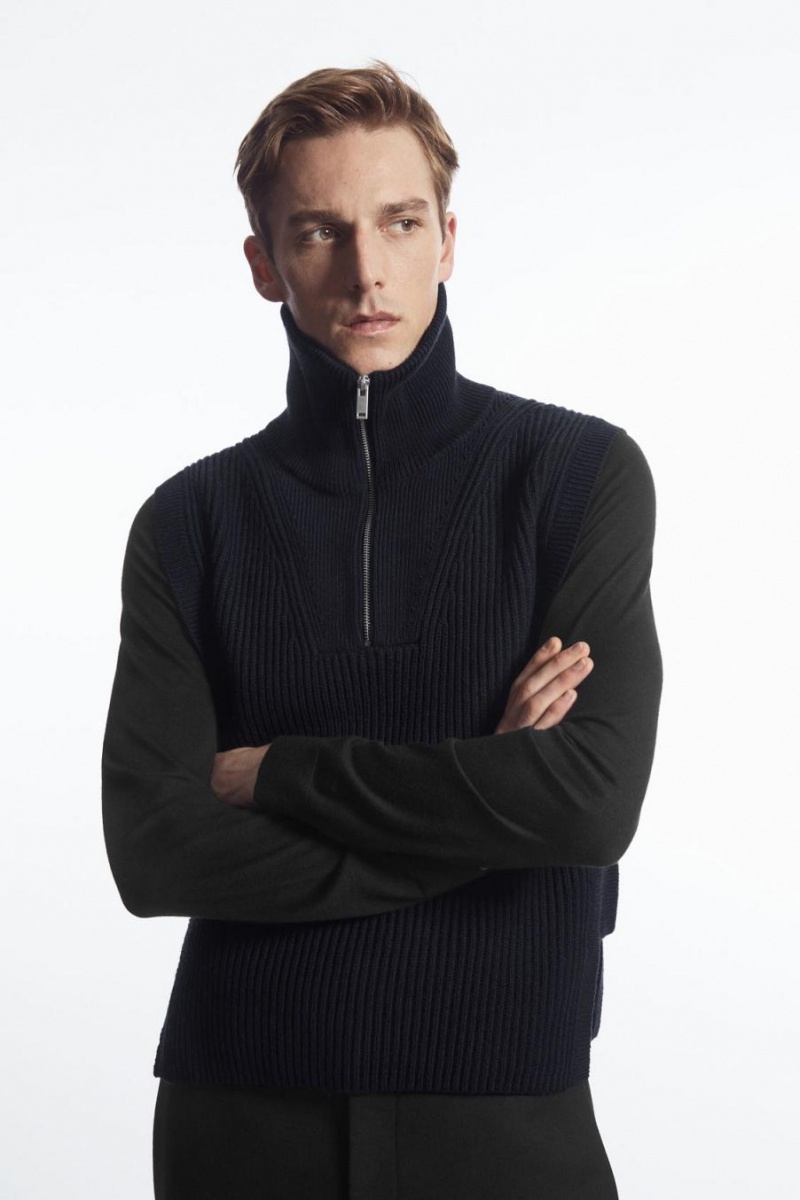 Vesta Barbati COS Cu Nervuri-knit Half-zip Bleumarin | SKWED-0519
