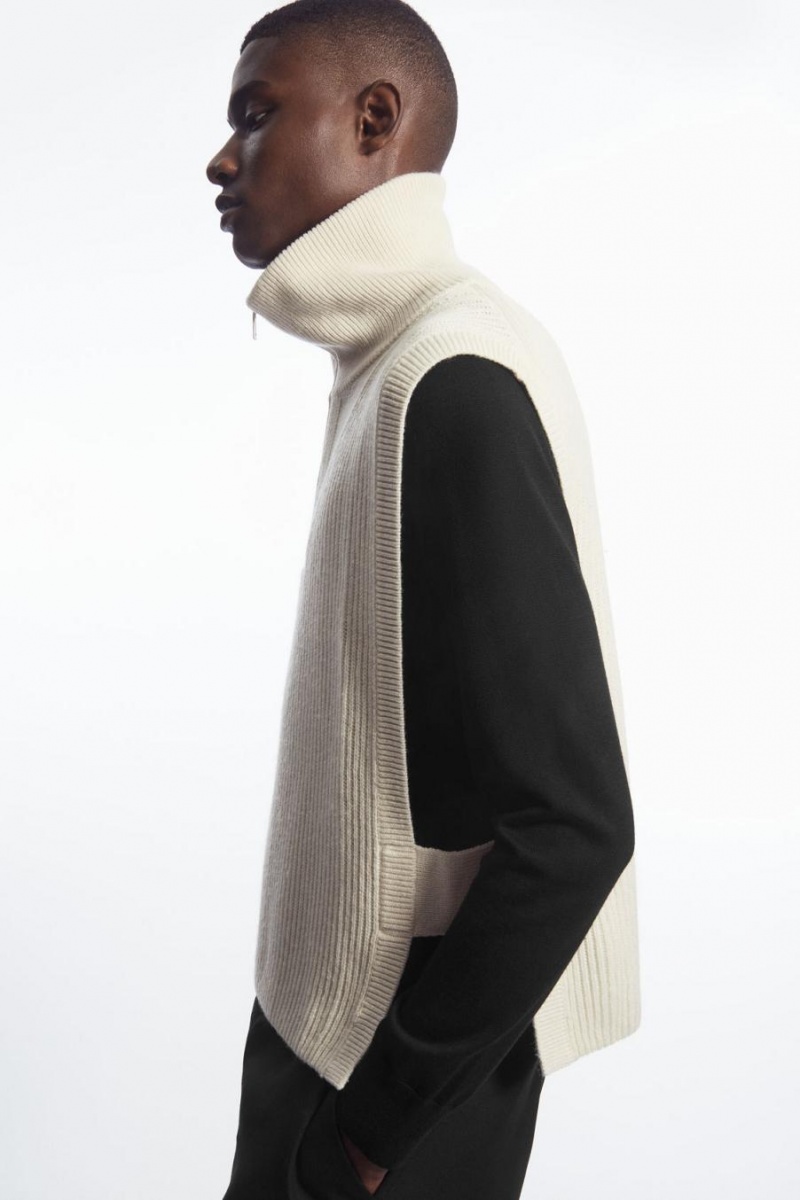 Vesta Barbati COS Cu Nervuri-knit Half-zip Albi | MHJQN-9156