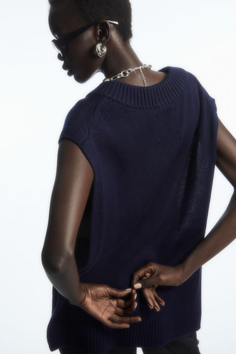 Vesta Dama COS Open-side V-neck Lână Bleumarin | CUBAK-2105